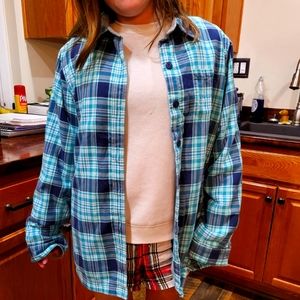 L.L. Bean jacket Sherpa-Lined Blue Plaid Flannel Shirt Size Medium